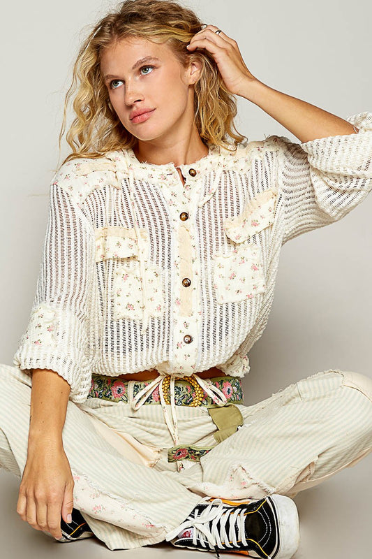 Pol Vintage washed floral print patch crochet jacket