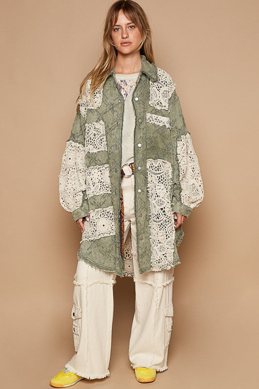 Vintage washed oversize crochet patches shacket Pol
