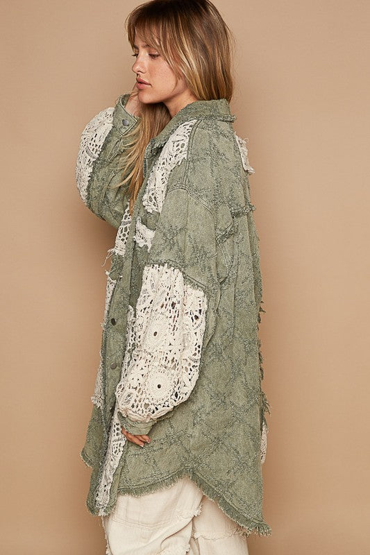 Vintage washed oversize crochet patches shacket Pol