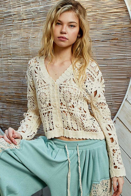 V neck long sleeve cropped crochet cardigan One Size Fits Most