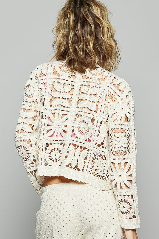 V neck long sleeve cropped crochet cardigan One Size Fits Most