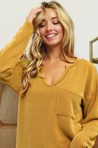 Wavy Two Tone Rib Notch Neck patch Pocket Top !