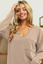Wavy Two Tone Rib Notch Neck patch Pocket Top !