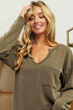 Wavy Two Tone Rib Notch Neck patch Pocket Top !