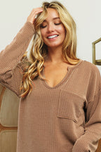 Wavy Two Tone Rib Notch Neck patch Pocket Top !