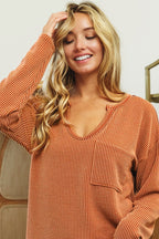 Wavy Two Tone Rib Notch Neck patch Pocket Top !