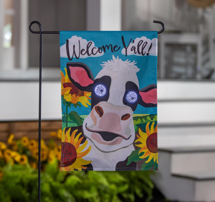 Winky Blinky Welcome Y'all Cow Applique Lighted Garden Flag