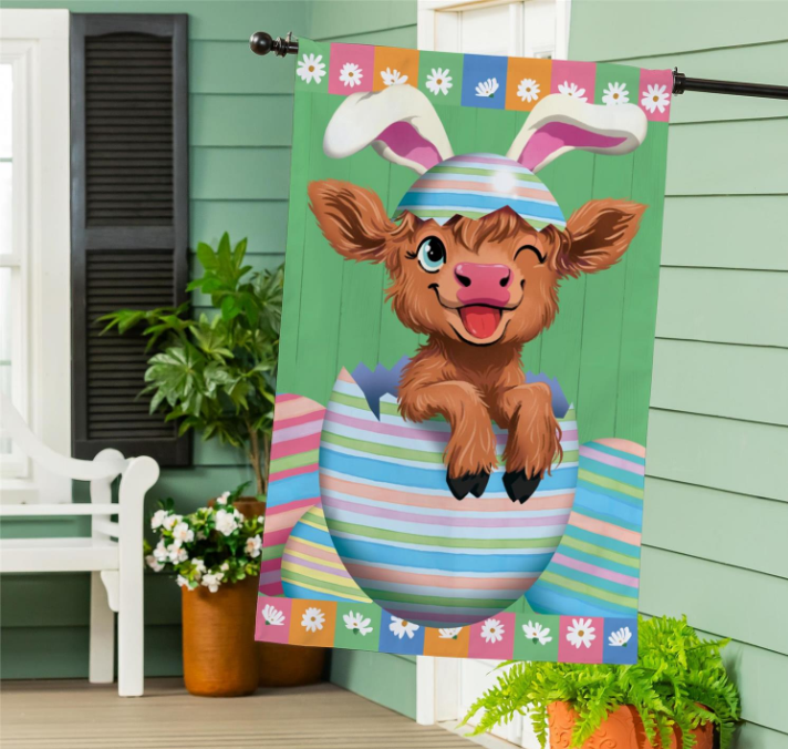 Winky The Easter Highland Cow Burlap Flag