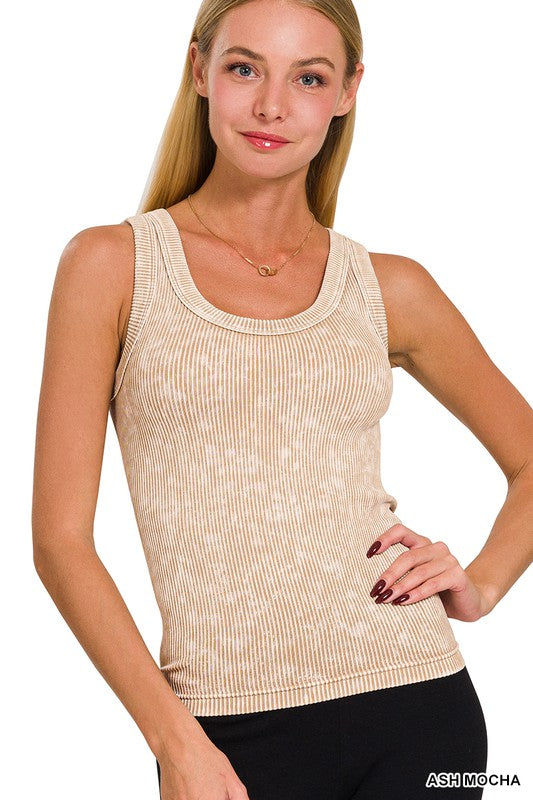 ZENANA 2 WAY NECKLINE WASHED RIBBED SEAMLESS TANK TOP