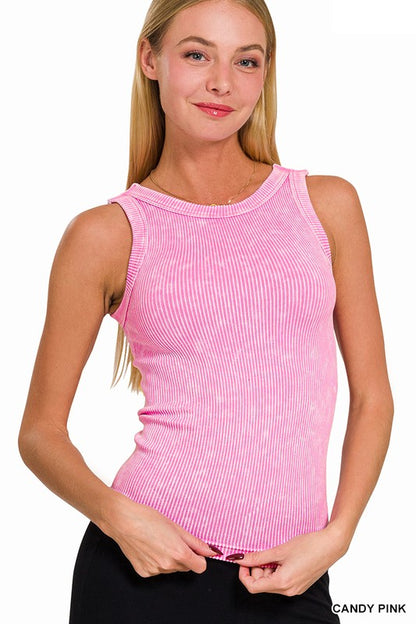 ZENANA 2 WAY NECKLINE WASHED RIBBED SEAMLESS TANK TOP