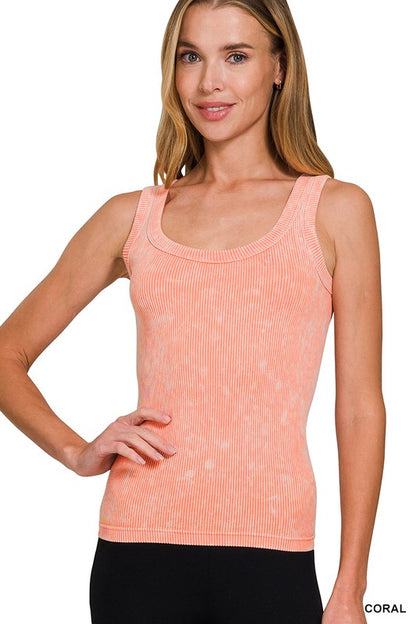 ZENANA 2 WAY NECKLINE WASHED RIBBED SEAMLESS TANK TOP