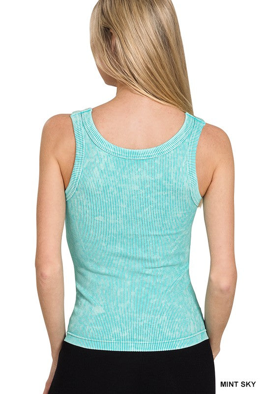 ZENANA 2 WAY NECKLINE WASHED RIBBED SEAMLESS TANK TOP
