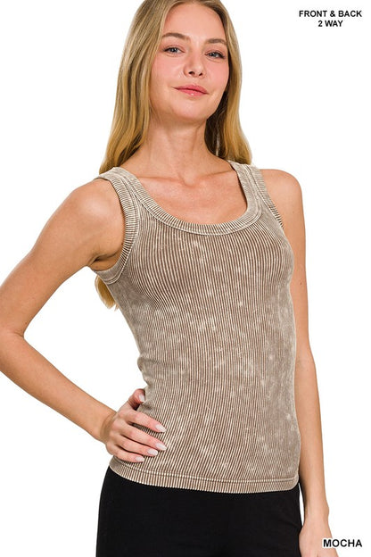 ZENANA 2 WAY NECKLINE WASHED RIBBED SEAMLESS TANK TOP