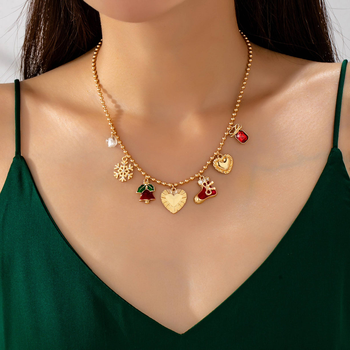 JOSSLYN by wall to wall - Christmas Snowflake bell heart stocking Necklace | 80N93335