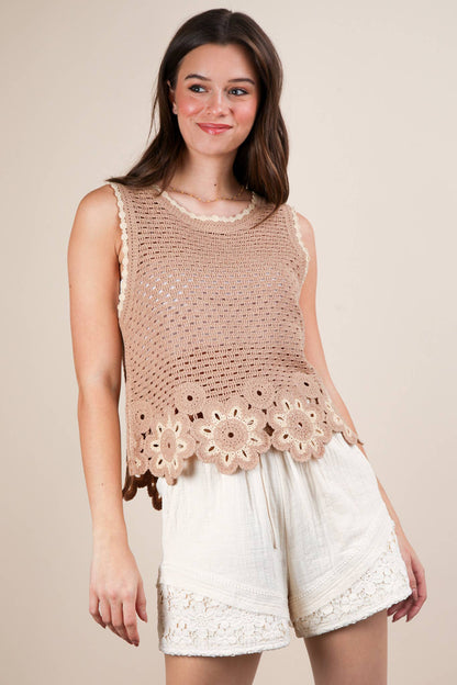 VERY J - NT12140-Floral Trim Detail Crochet Top