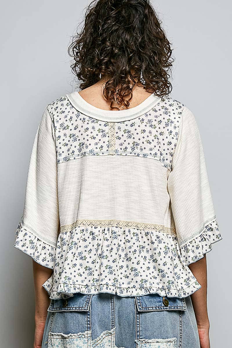 Pol Clothing - Round Neck Floral Patchwork Ruffle Hem 3/4 Sleeve Top