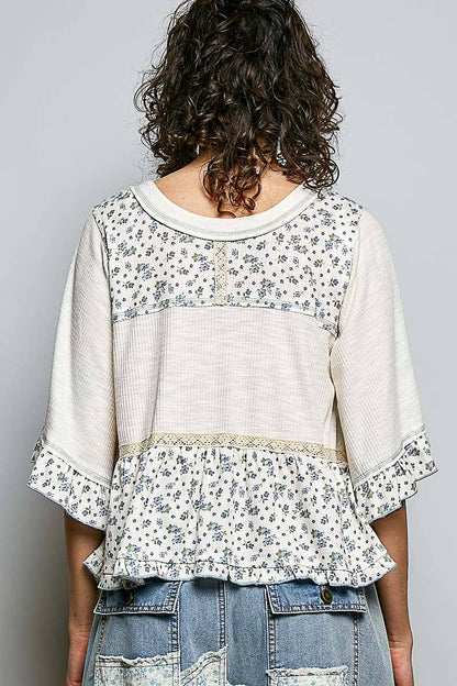 Pol Clothing - Round Neck Floral Patchwork Ruffle Hem 3/4 Sleeve Top