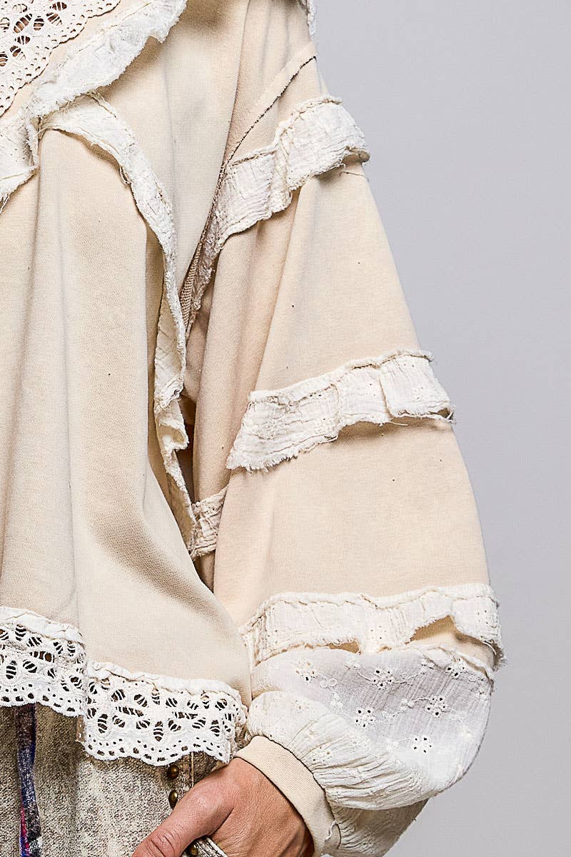 Pol Clothing - French Terry Eyelet Ruffle Vintage Washing Solid Knit Top