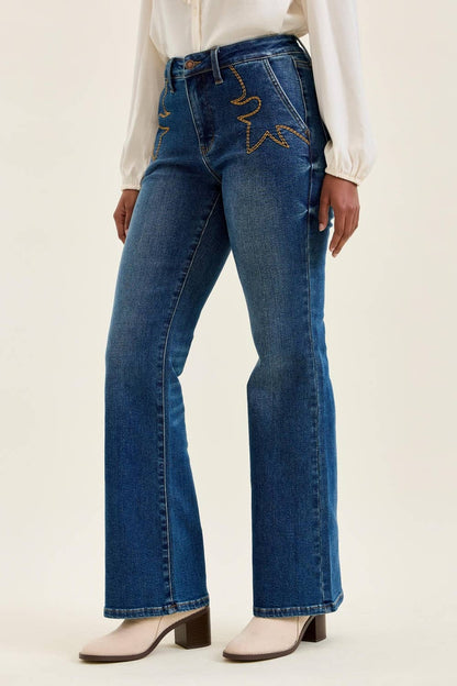 Judy Blue Jeans - MR TC DAISY Bootcut w/ Cowboy Boot Stitching MD Saddle Blue