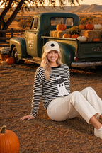 Main Strip - Halloween Ghost Appliqué Striped Long Sleeve Top