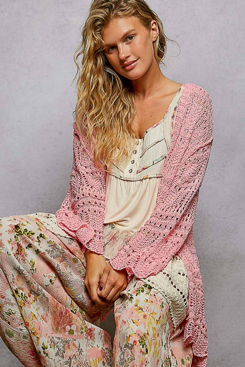 Pol Clothing - Weave Pattern Solid Thin Acrylic Sweater Open Cardigan SALE