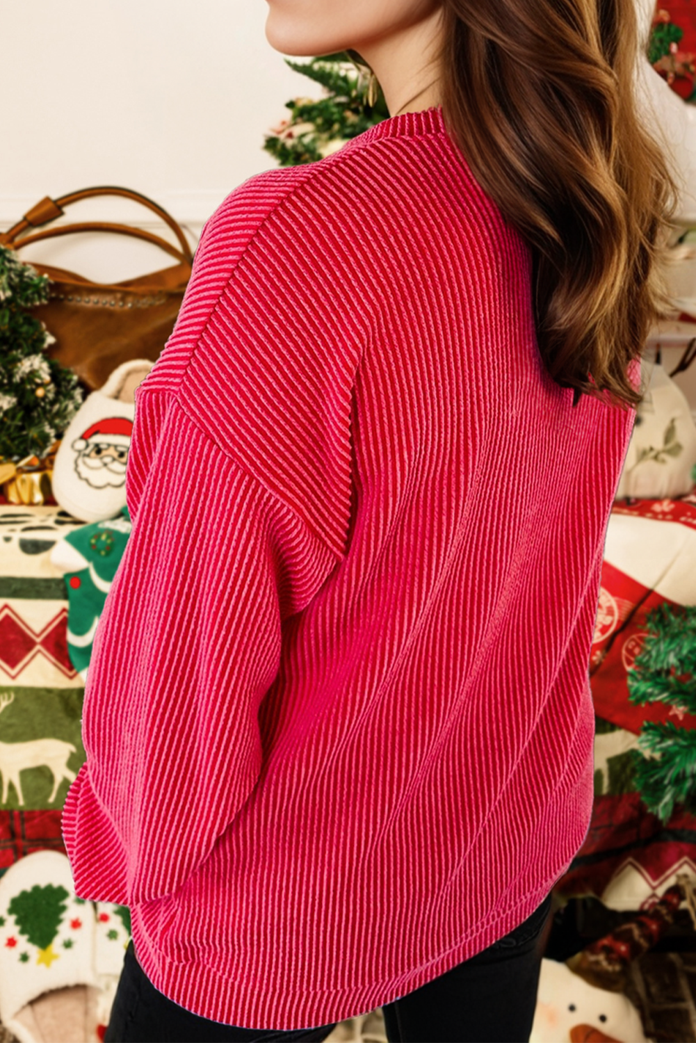 Christmas Twisted Rib Merry Letter Loose Long Sleeve Top
