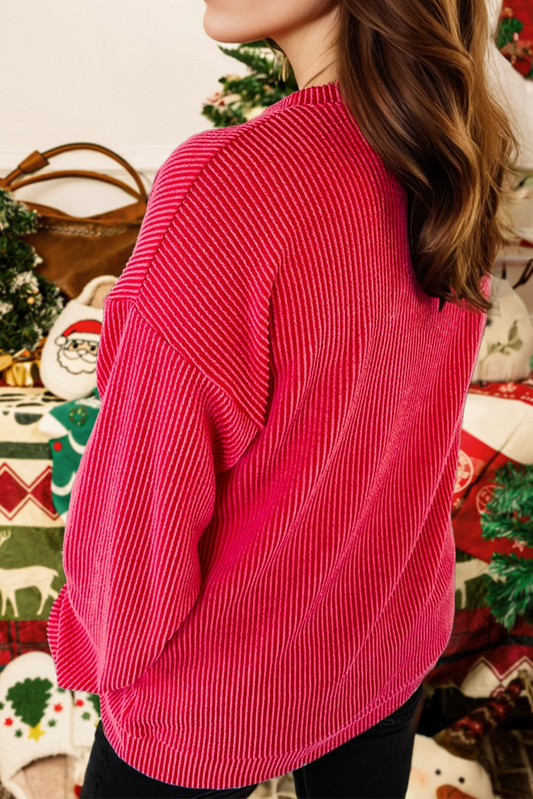 Christmas Twisted Rib Merry Letter Loose Long Sleeve Top
