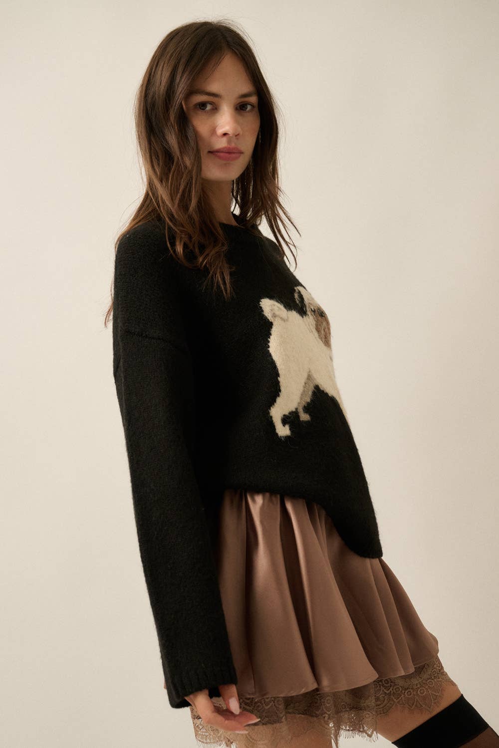 Pug Dog Solid Knit Relaxed-Fit Drop-Shoulder Sweater