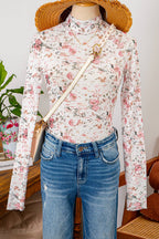 Fashion-W Floral Long Sleeve Mock Neck Sheath Mesh Blouse