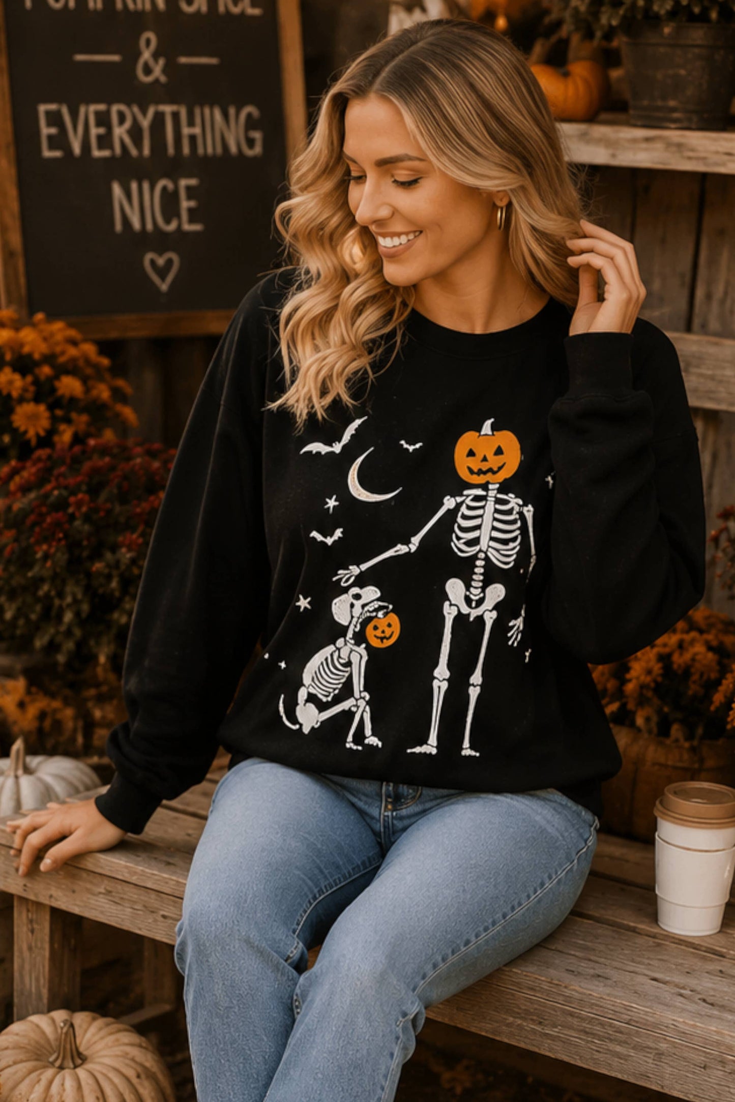 Main Strip - Halloween Pumpkin Skeleton Printed Graphic Crewneck