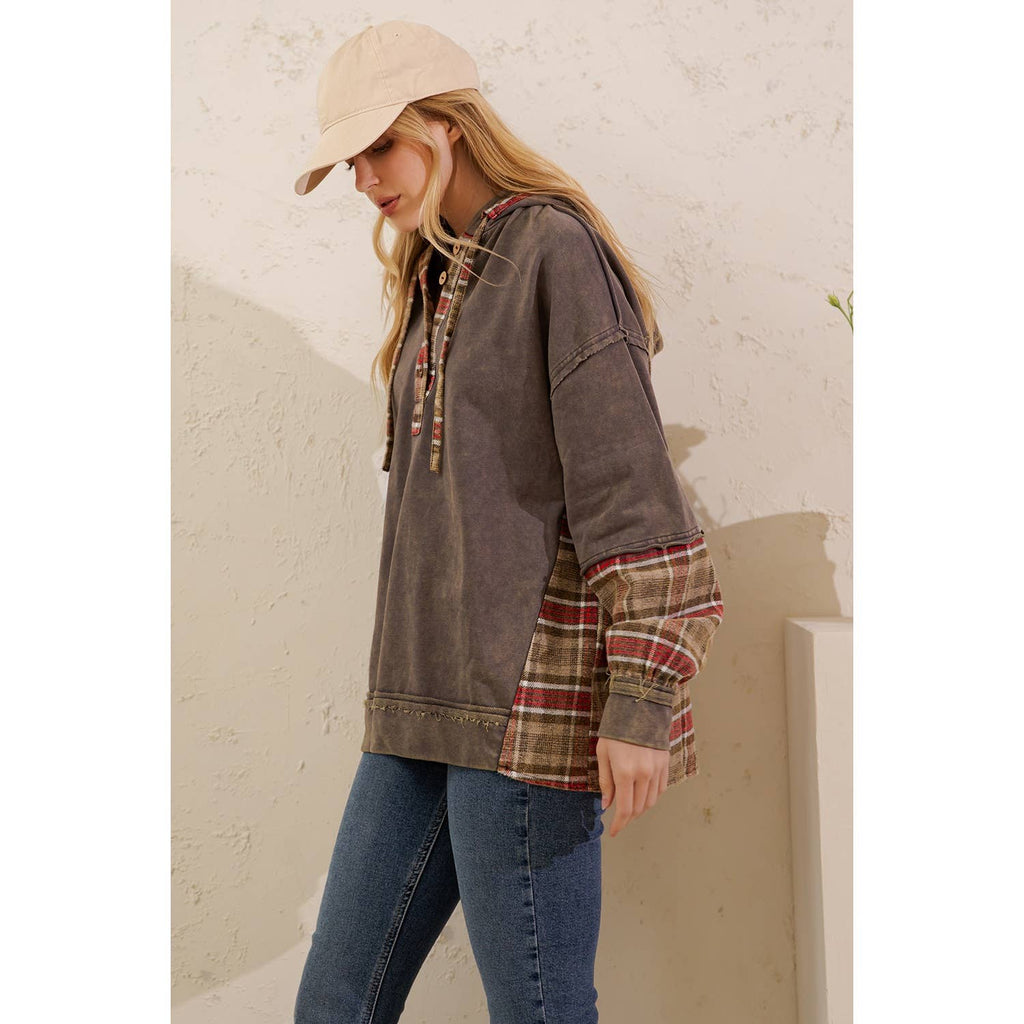 Sage + Fig - VINTAGE PLAID MIXED-MEDIA HOODIE PULLOVER