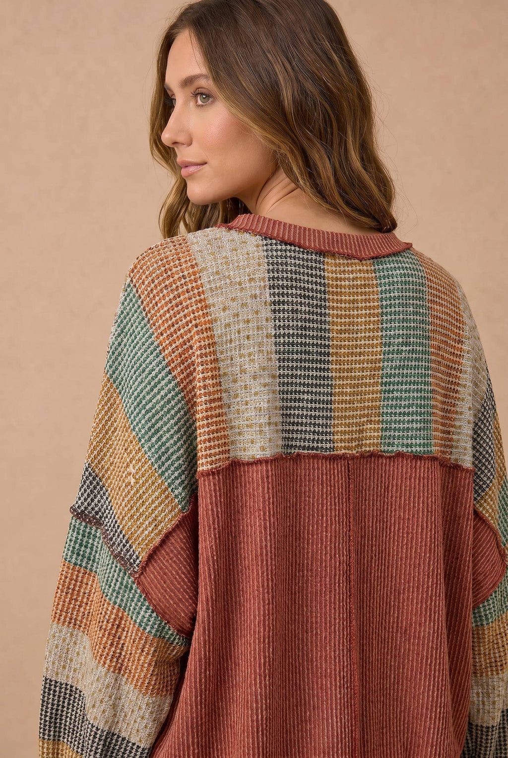 Haptics - Stripe Waffle Wave Rib Banded Hem Pullover