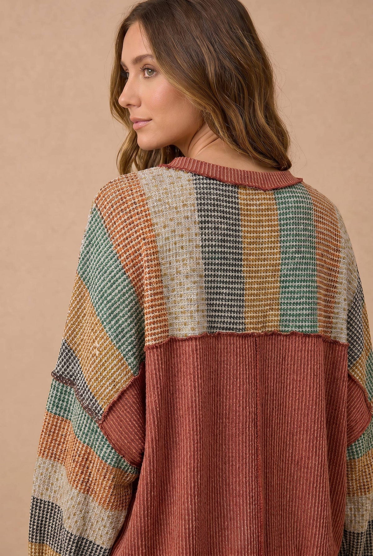 Haptics - Stripe Waffle Wave Rib Banded Hem Pullover