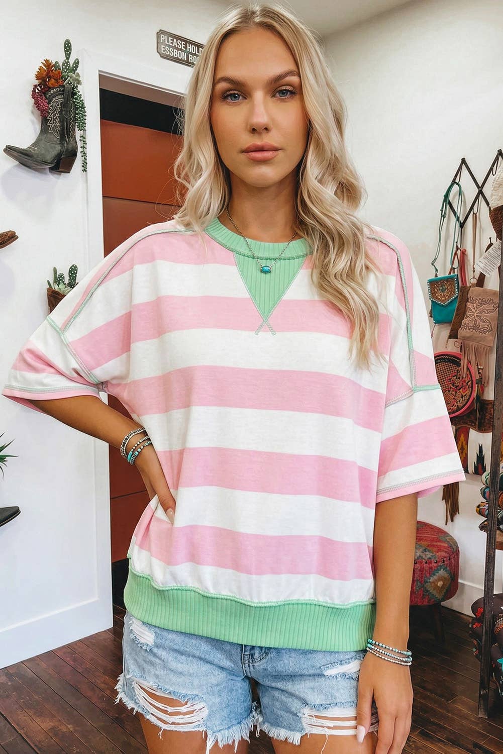Summer Stripe Exposed Seam Ribbed Patchwork Oversized Tee