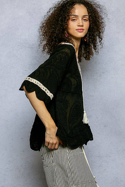 Pol Clothing - Short Sleeve Adjustable Drawstring Crochet V Neck Top