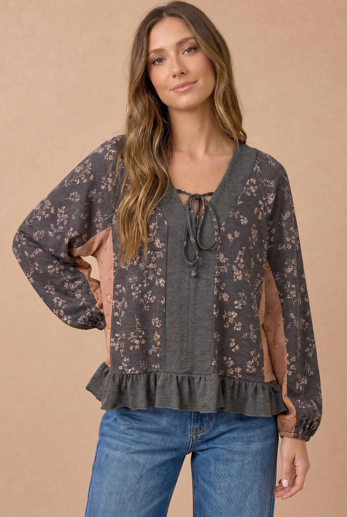 Haptics - Floral Color Block Peplum Raglan Top