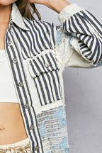Pol Clothing - Cable Knit Lace Patchwork Woven Long Sleeve Shirt Top