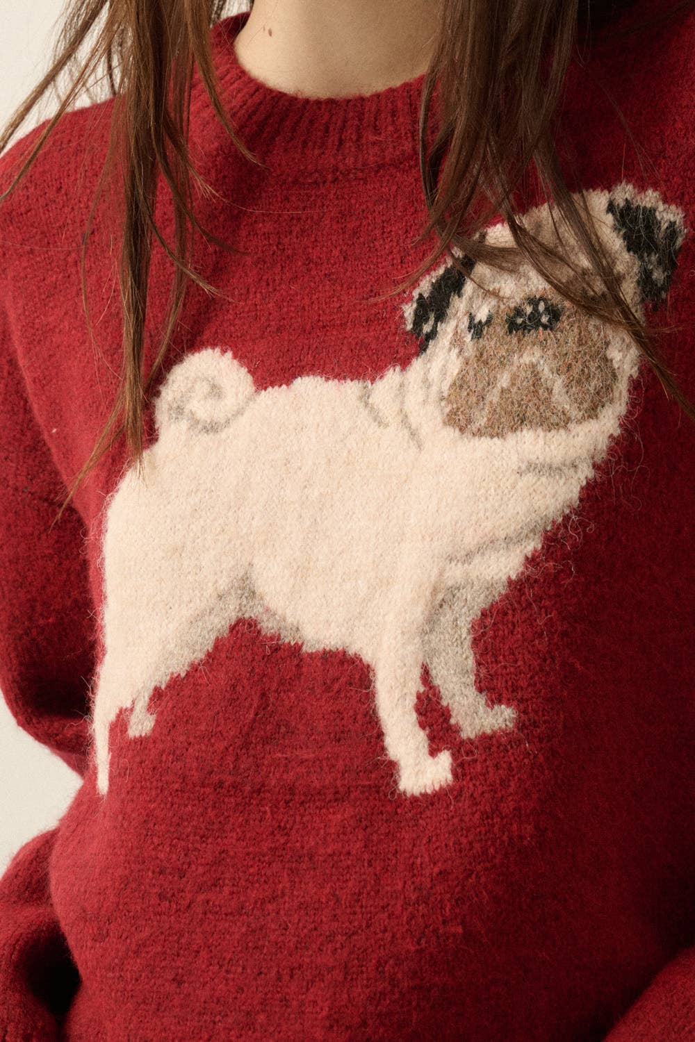 Pug Dog Solid Knit Relaxed-Fit Drop-Shoulder Sweater