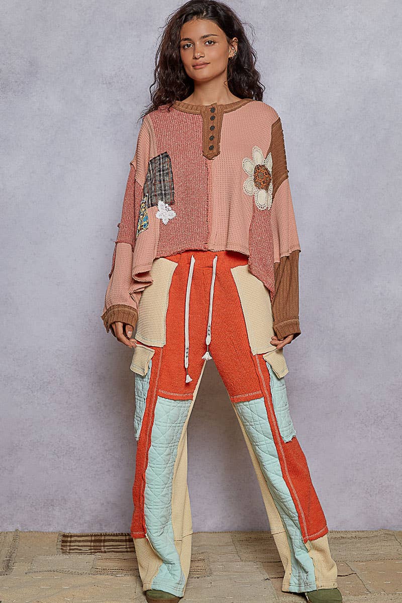 Pol Clothing - Round neck cut and sew patch oversized knit top