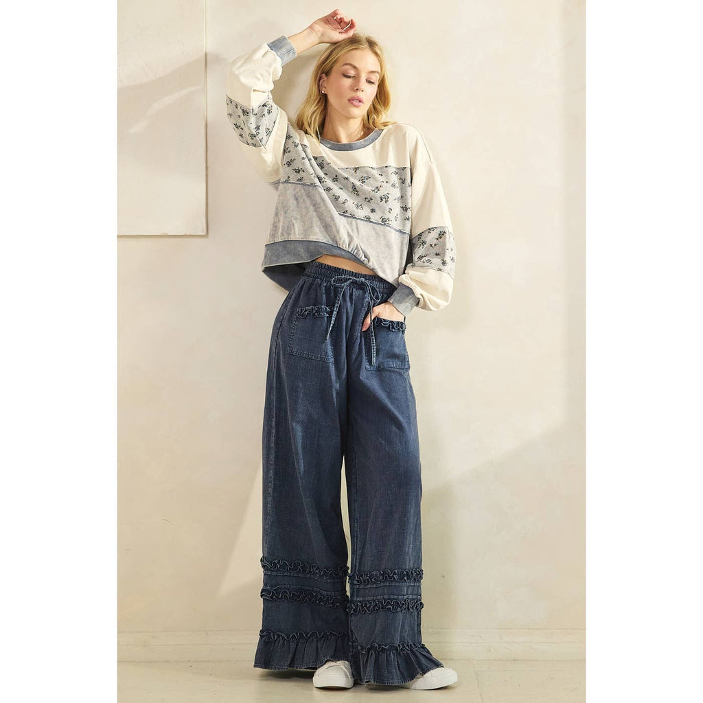 RUFFLE TRIM POCKET MINERAL WASH WIDE LEG PANTS