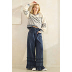 RUFFLE TRIM POCKET MINERAL WASH WIDE LEG PANTS