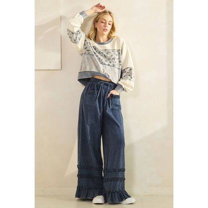 RUFFLE TRIM POCKET MINERAL WASH WIDE LEG PANTS