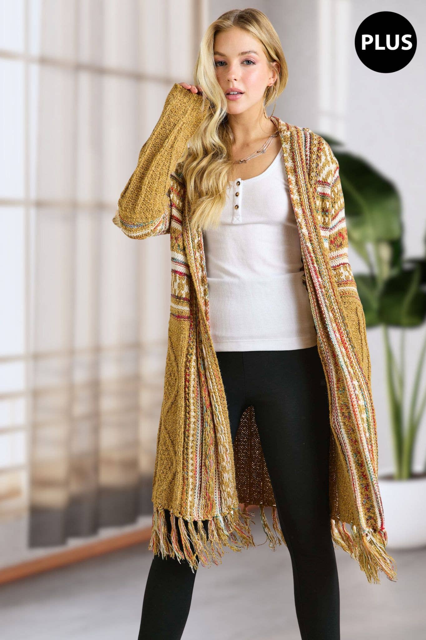 Maya PLUS FRINGE HEM AZTEC CARDIGAN