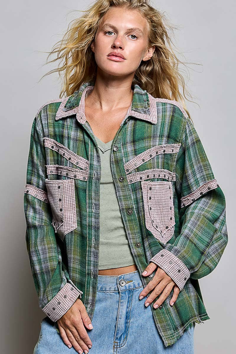 Pol Clothing - Plaid Mixed-Fabric Thermal Patch Studded Raw Edge Shirt