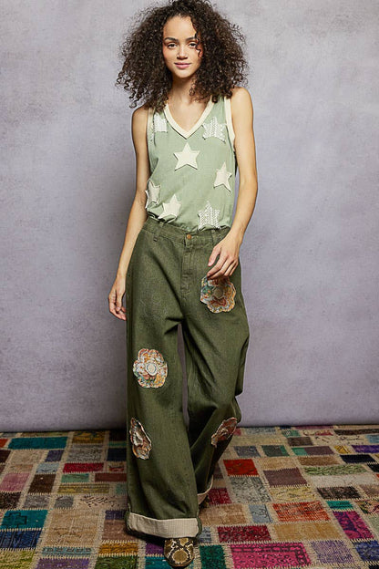 Pol Clothing - V-neck Sleeveless Front Star Patches