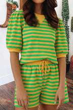Summer Stripe Puff Short Sleeve T Shirt Matching Shorts Set