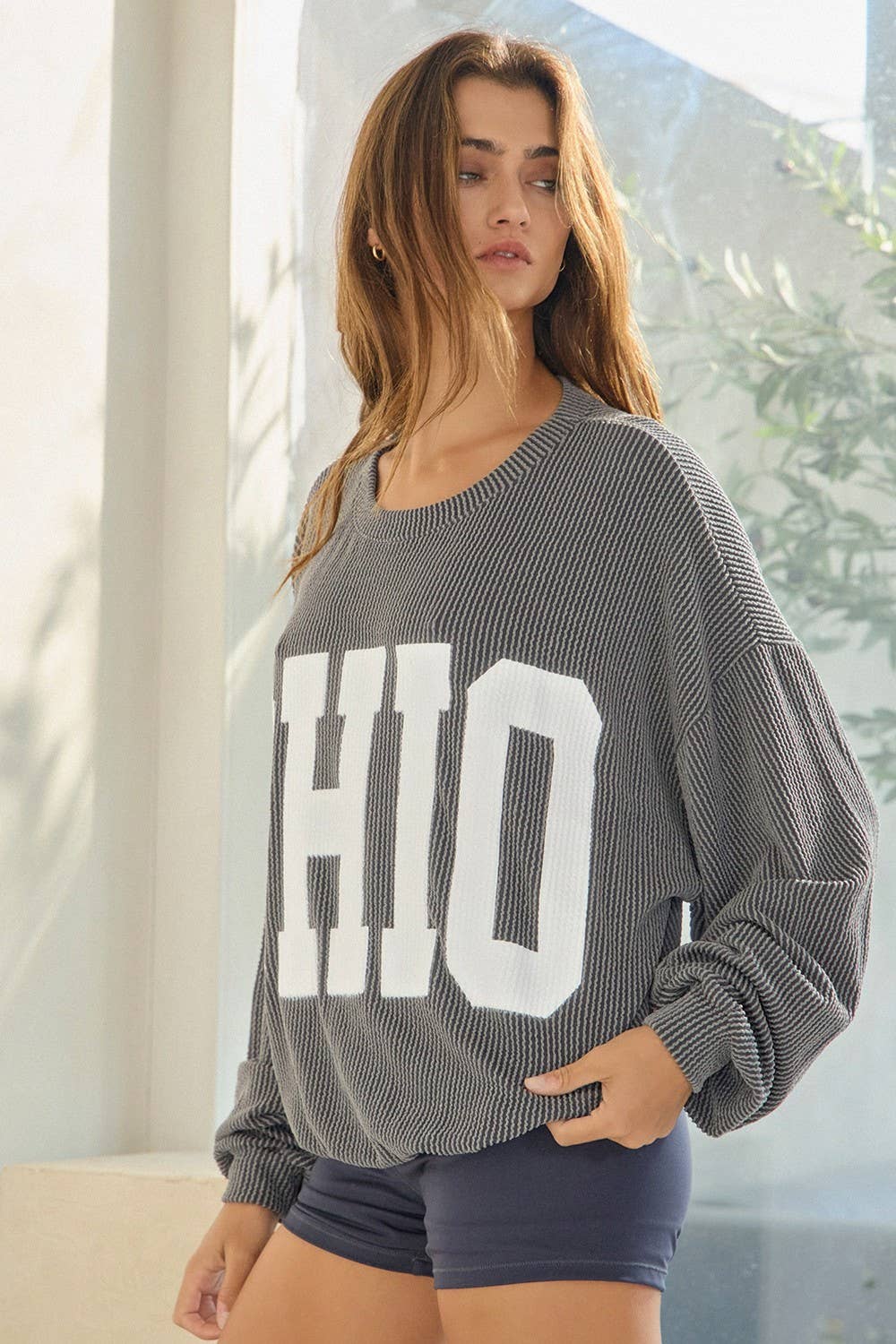 'OHIO' Print Ribbed Oversized Graphic Sweatshirt