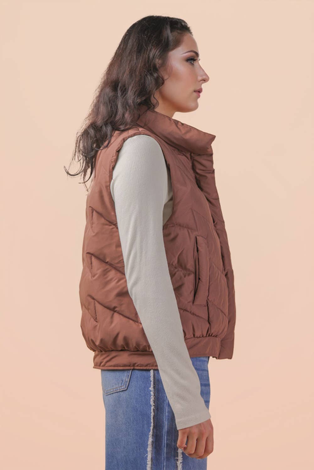 Bermie Mock Neck Casual Zigzag Quilted Puffer Vest