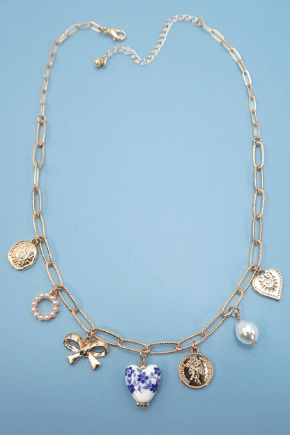 CERAMIC PORCELAIN BOW HEART CHARM LINK NECKLACE |