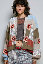 Pol Clothing - Mixed-Texture Patchwork Chenille Knit Crochet Cardigan
